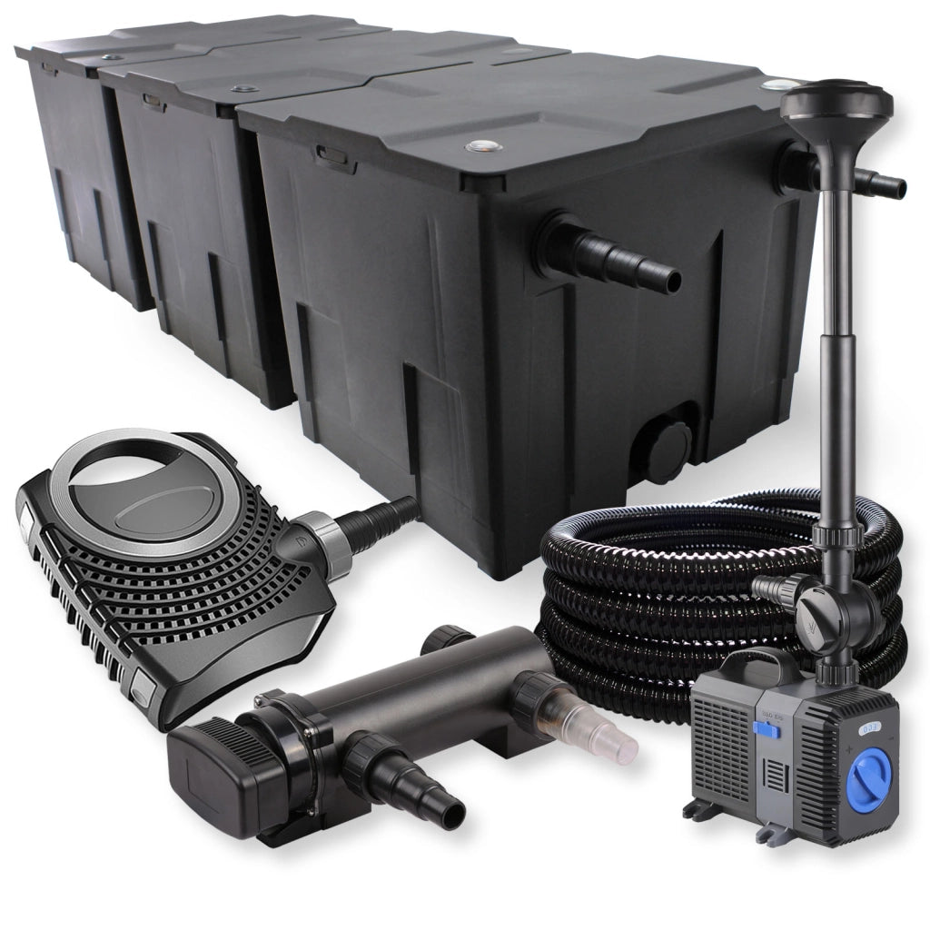 Set Filtro a 3 camere 90000l Chiarificatore UVC 18W Pompa NEO7000 50W Tubo Fontana