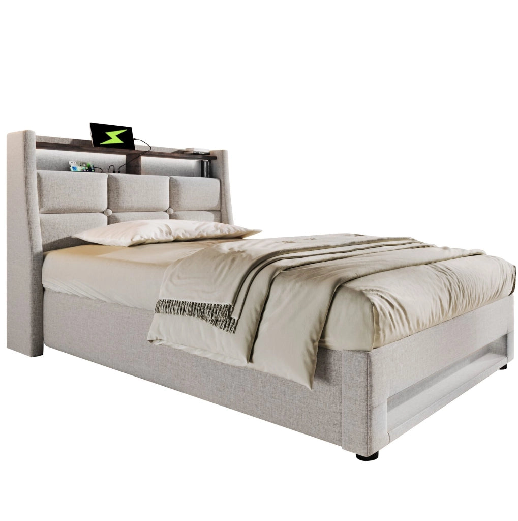 Letto matrimoniale imbottito 90x200 cm con LED e USB; in tessuto lino beige chiaro