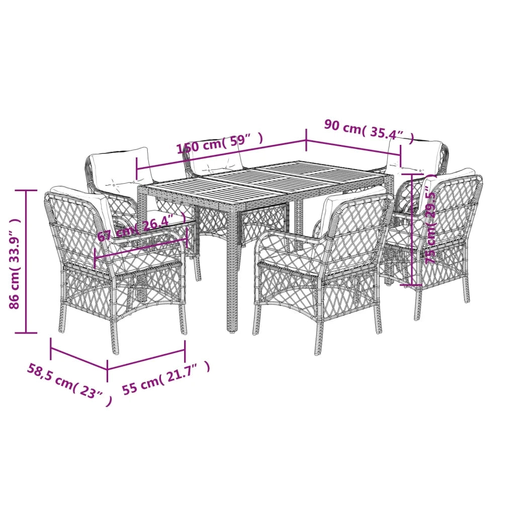 Set da Pranzo da Giardino 7 pz Nero con Cuscini in Polyrattan 3212039