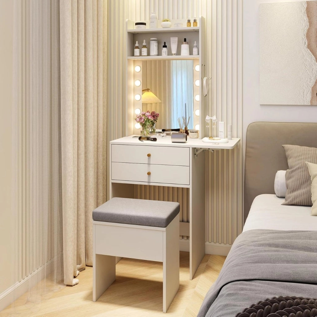 Tavolo da trucco compatto con specchio e luci, Set di comodino con stazione di ricarica bianco-Tavoli da trucco