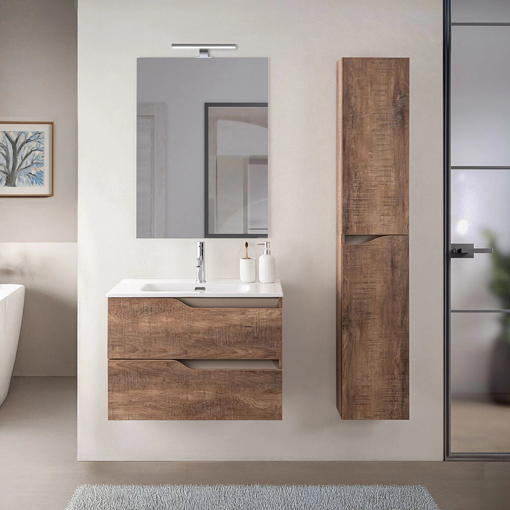 Mobile bagno sospeso 60cm tabacco e tortora con pensile e lavabo Sumya