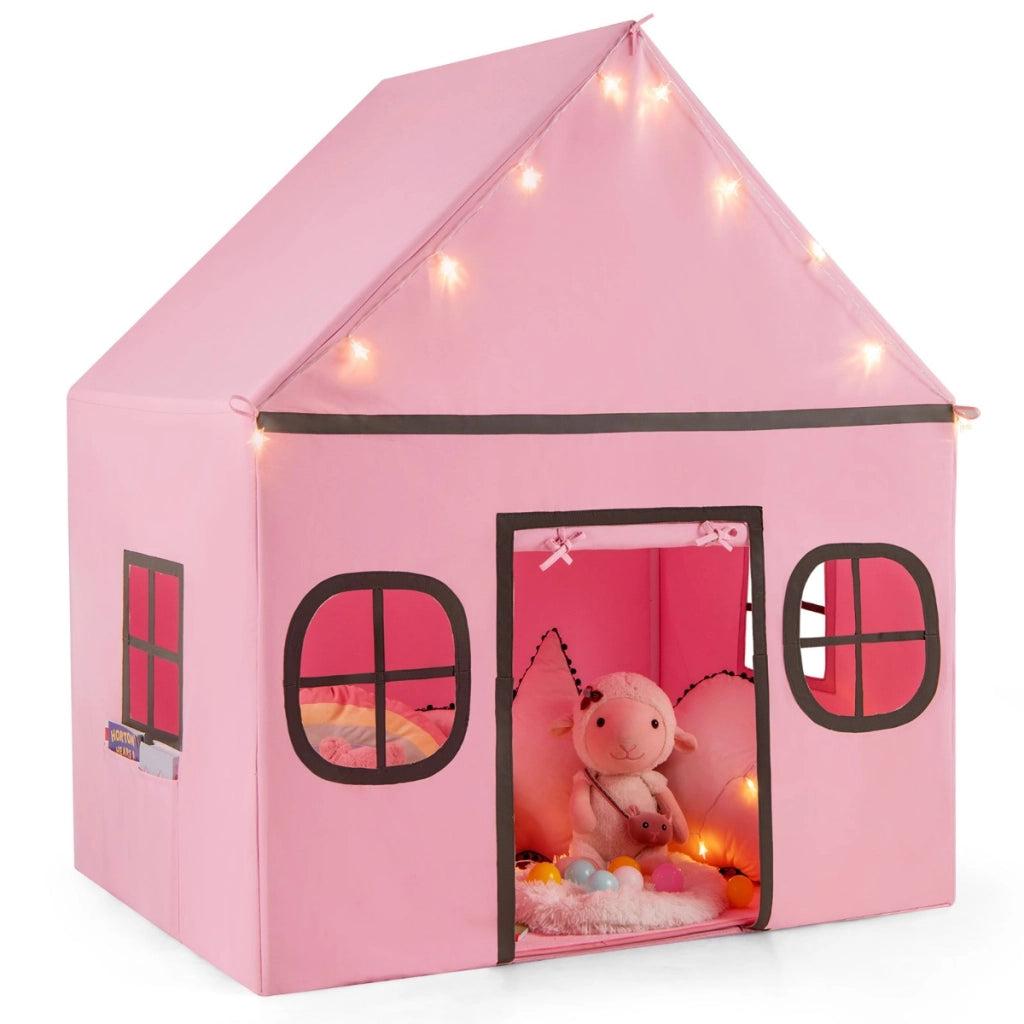 Tenda da gioco per bambini con tenda porta e finestre e luci a stella-Tenda da interno per bambini e bambine 3-10 anni Rosa