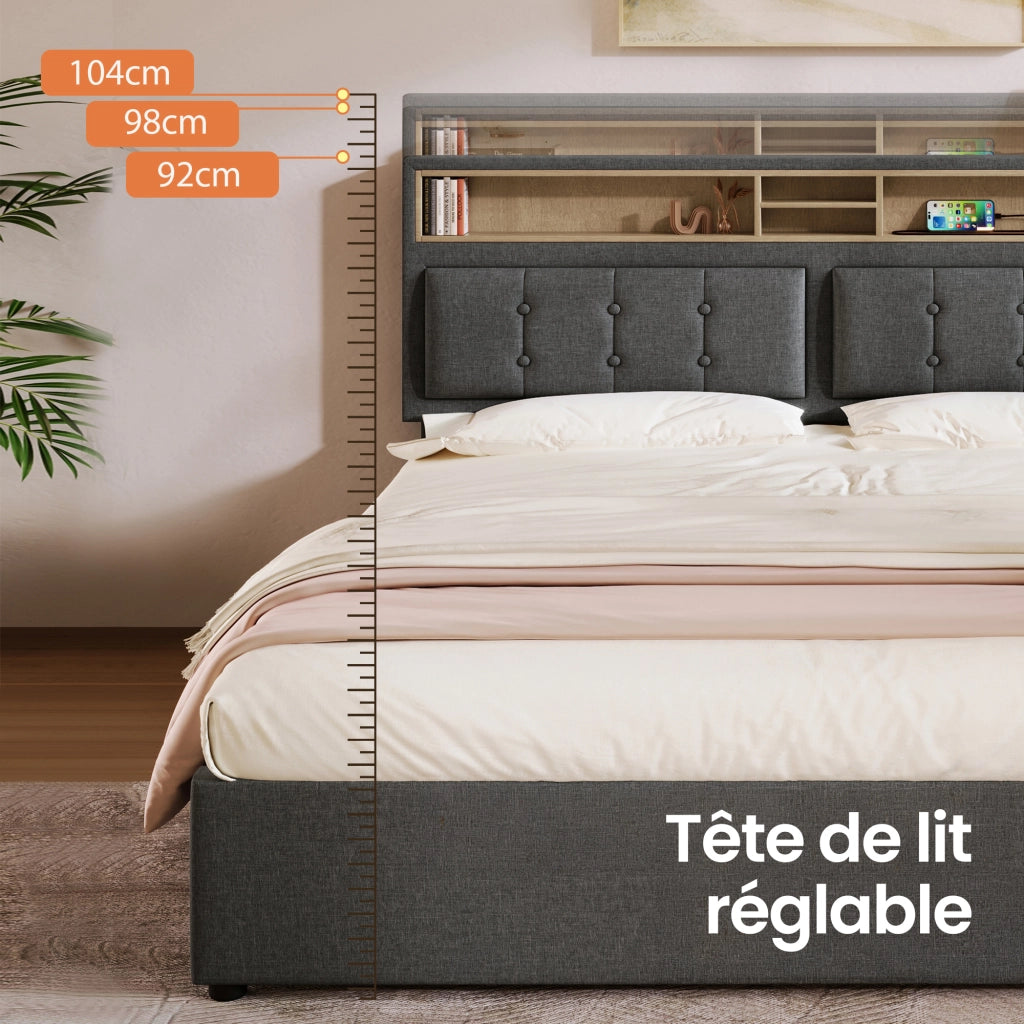 OKWISH Letto con Cassetti Letto Matrimoniale, 4 Cassetti, USB, Tipo C e Prese, 140×200 cm, senza Materasso, in Lino, Grigio