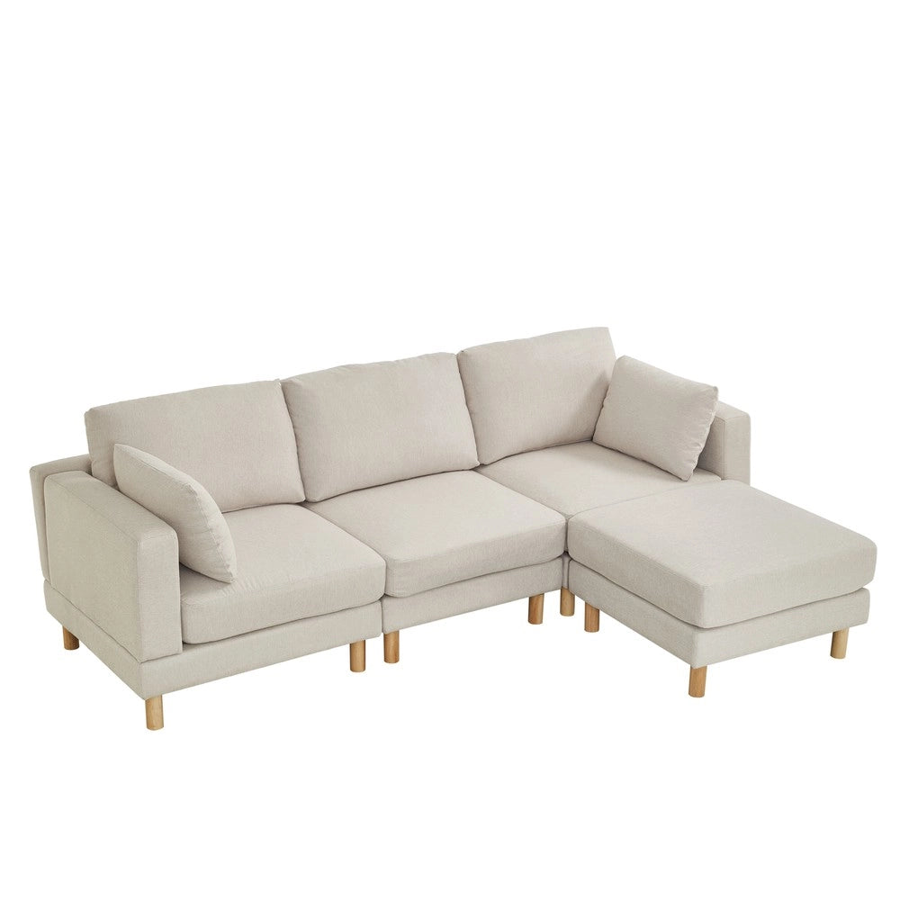 Divano Angolare 3 Posti con Poggiapiedi ¨C Xylo ¨C Beige, Tessuto Poliestere, Gambe in Legno Massello, 235x152x78 cm