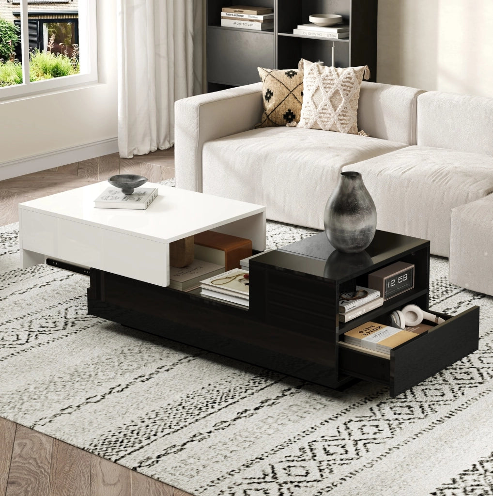 Tavolino da caffè 100x50x38 cm con 2 cassetti e vano laterale; in truciolato; bianco e nero