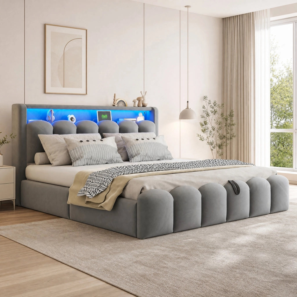 Letto matrimoniale imbottito 180x200 cm con LED e contenitore