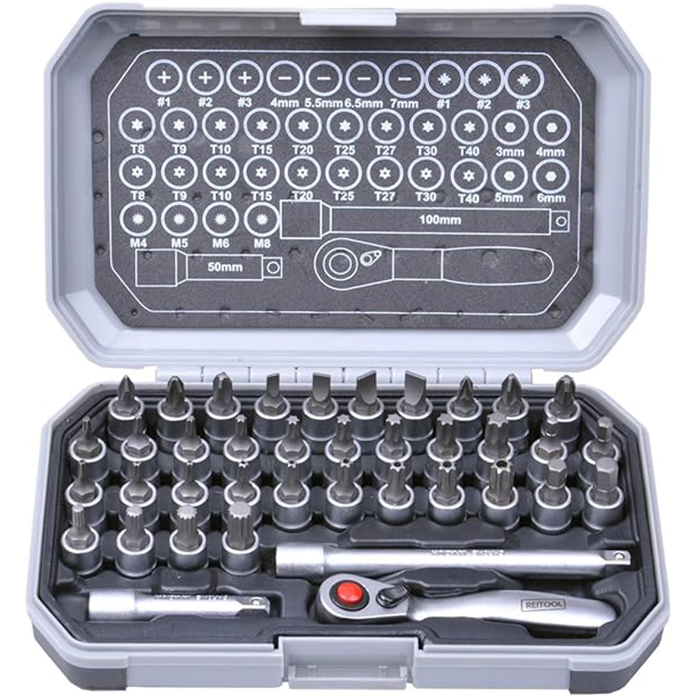 SERIE SET 39PZ INSERTI CON BUSSOLA ATTACCO 1/4 + CRICCHETTO + PROLUNGHE REITOOL 00682