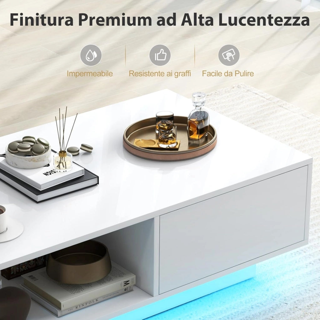 Tavolino da Salotto in Legno, Tavolino Moderno e Rettangolare con 20 Colori di Luci a LED, Telecomando, Cassetto e Ripiano Aperto, Tavolino per Studio e Ufficio (Bianco)