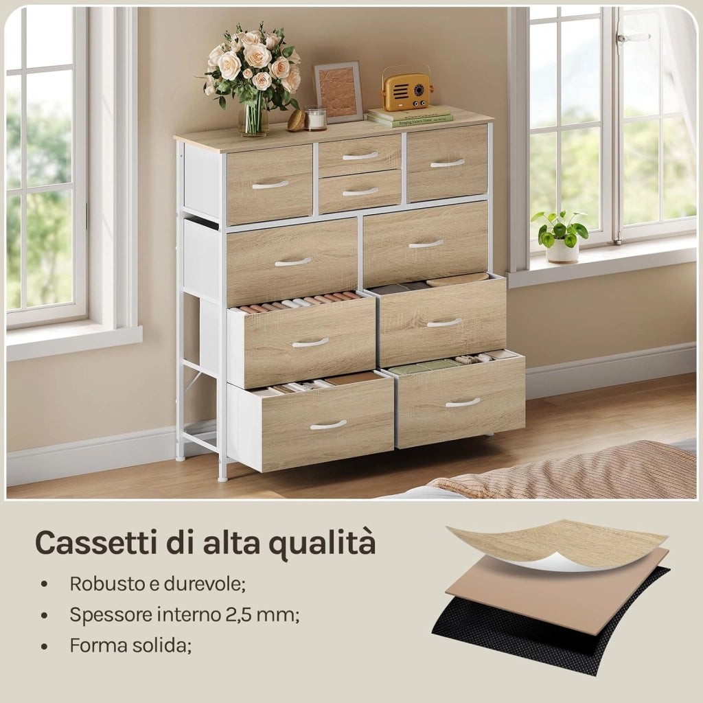 Cassettiera, 10 Cassetti di 3 Dimensioni per Camera da Letto/Corridoio/Soggiorno, Cassettiera in Tessuto, Rovere Chiaro+Bianco, Struttura in Metallo, Legno Lngegnerizzato E1