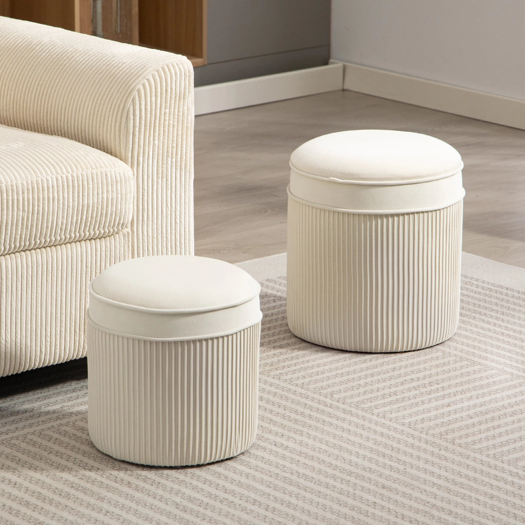 Pouf tondo con coperchio e cassetti ¨C Zephmum ¨C Cr¨¨me, velluto, ? 36 e 32 cm