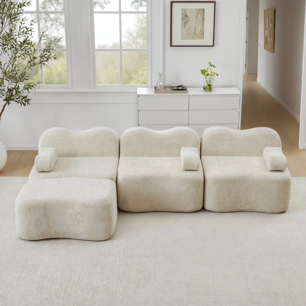 Divano Angolare Modulare 3 Posti con Poggiapiedi ¨C Xylo ¨C Beige, Tessuto, Seduta Profonda