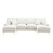 Divano Panoramico a U 4 Posti con 2 Chaise Longue e Cuscini; Struttura in Legno in Ciniglia Beige