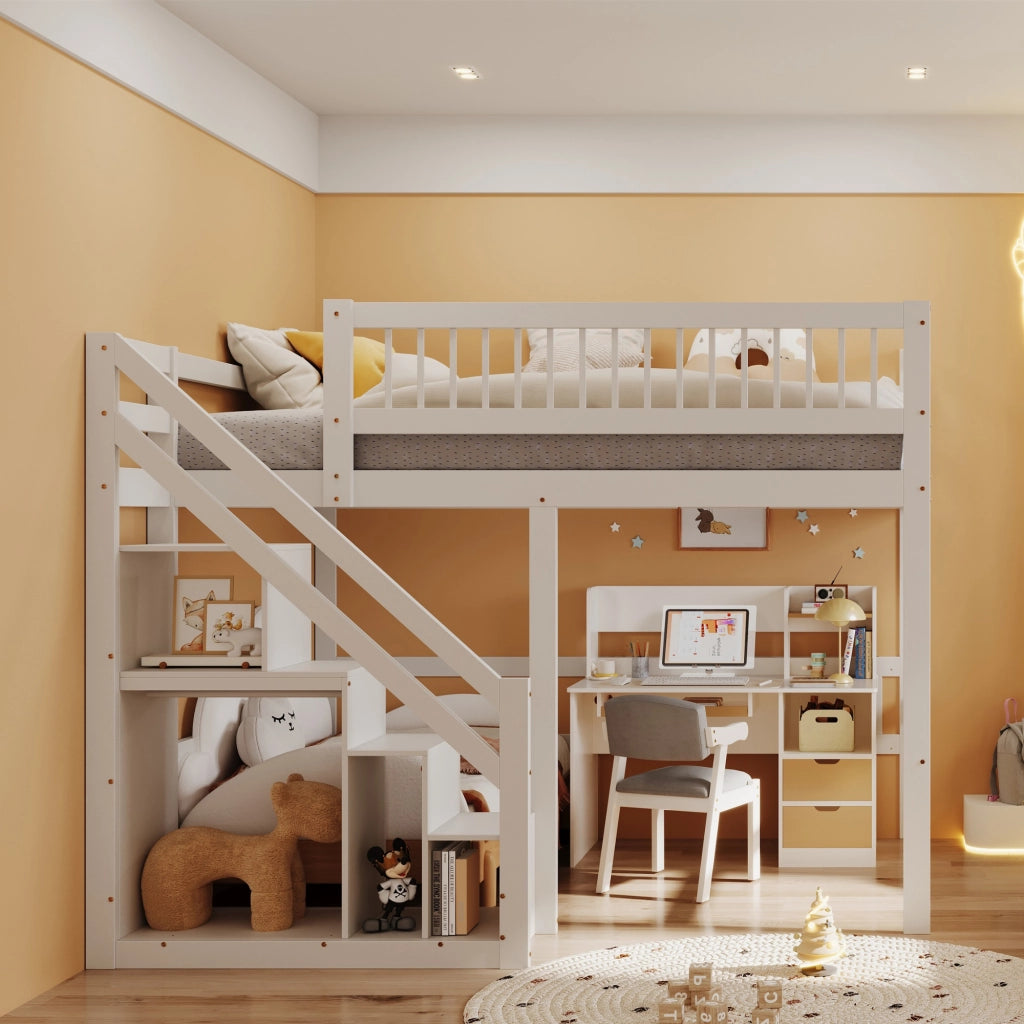 Letto a Soppalco 140×200 cm; Letto Matrimoniale con Scala e Sponda Alta; senza Materasso; Bianco