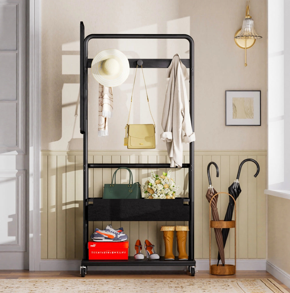 Appendiabiti multifunzione 3 in 1 con specchio; ruote e ripiano inferiore; 70x40x170 cm; nero