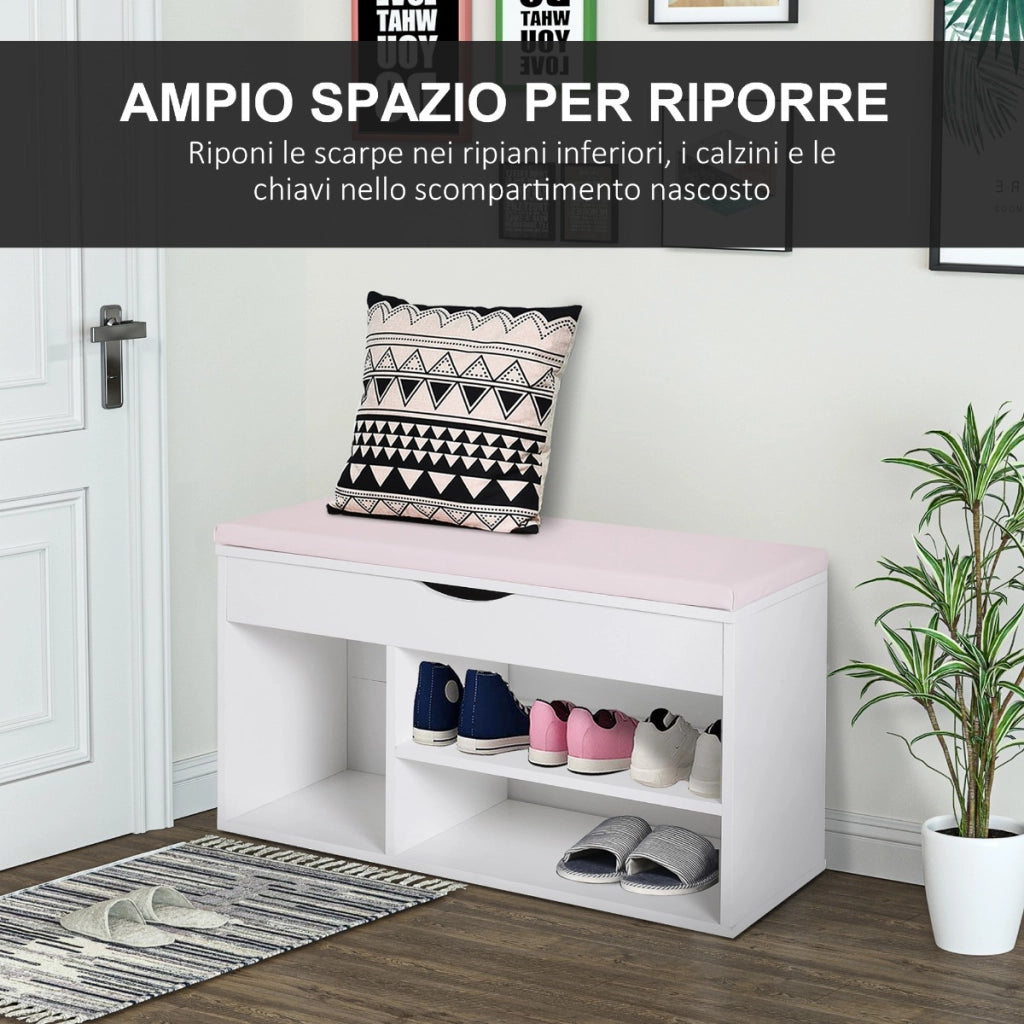 EasyComfort Panca Scarpiera, Mobile Portascarpe Salvaspazio con Sedile Imbottito Ribaltabile da Ingresso Legno, 80x30x47cm, Bianco