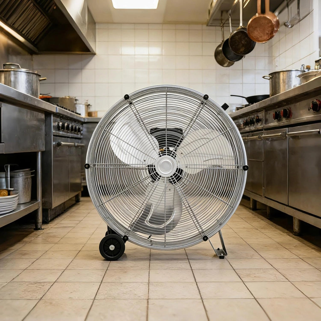 Ventilatori da Pavimento, 3 Velocità di Vento Regolabili, Ventilatore Industriale in Metallo, 2 Ruote in Gomma, per Magazzino, Officina, Cantina, Ufficio, Ø60 CM (Argento bianco)