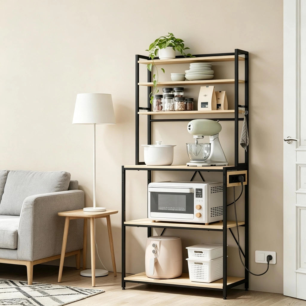 Scaffale da cucina con prese elettriche, 6 ripiani aperti, 6 ganci, effetto quercia chiara