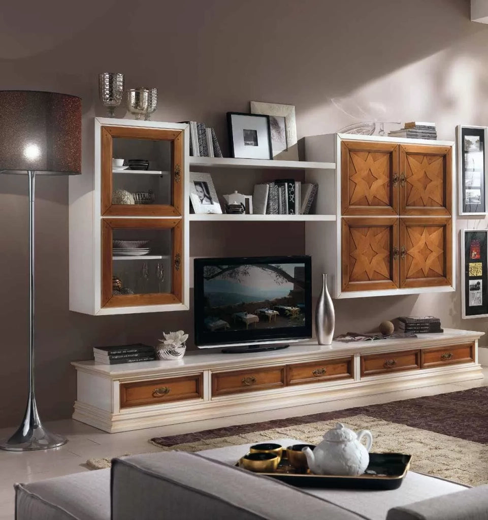 Parete attrezzata porta tv legno shabby bianco noce 298x56 (1230) - Mobili 2G