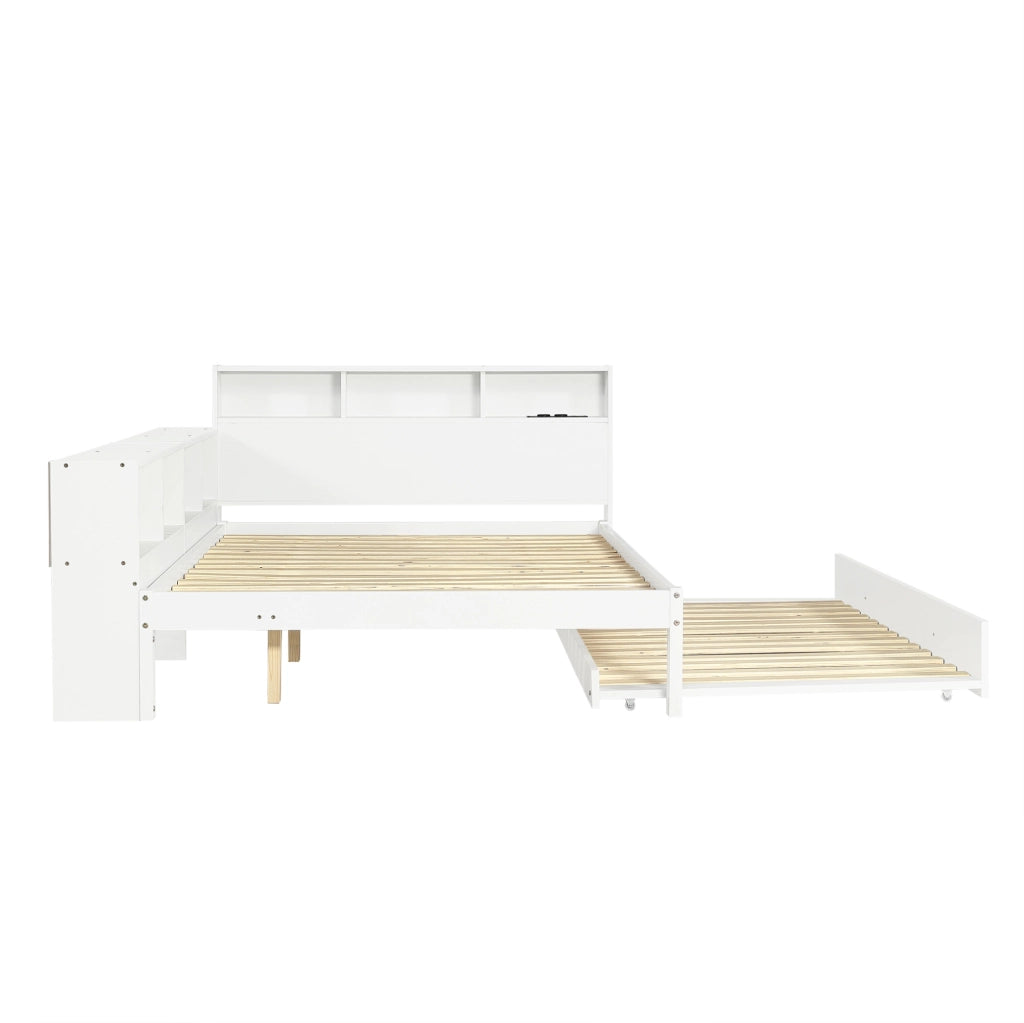 Letto in legno 120x200 cm con letto estraibile; mensola laterale e ricarica; bianco