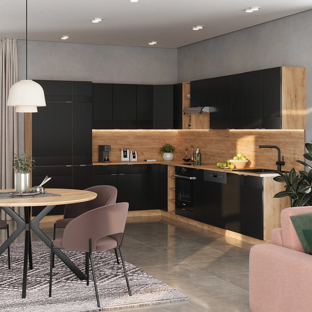 Cucina angolare completa Fame-Line Nero rigato/Rovere dorato 347 x 60 cm, PL Marmo Vicco