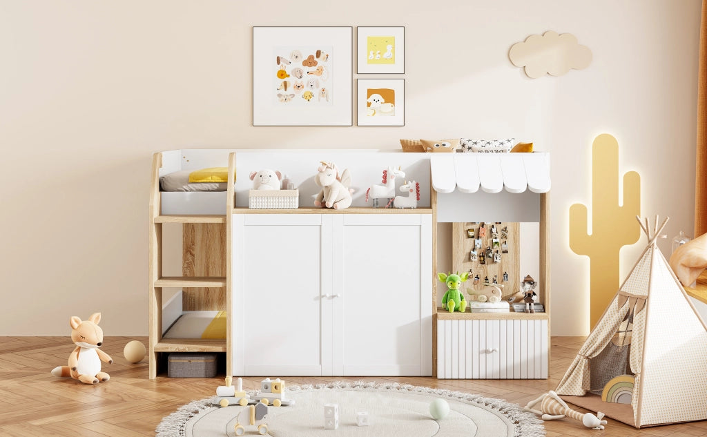 DESMIU Letto a soppalco per bambini 1 posto con scala larga, vano contenitore e ripiani 90 × 200 cm, senza materasso