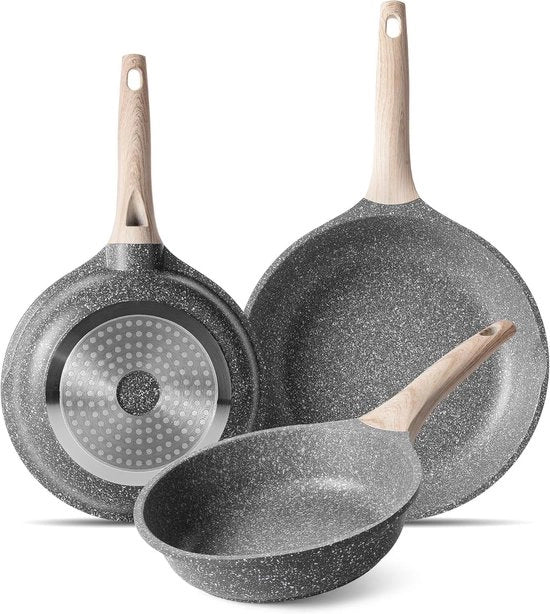 Set di padelle in induzione con rivestimento antiaderente - 3 pezzi - Alluminio fuso - 20cm, 24cm, 28cm