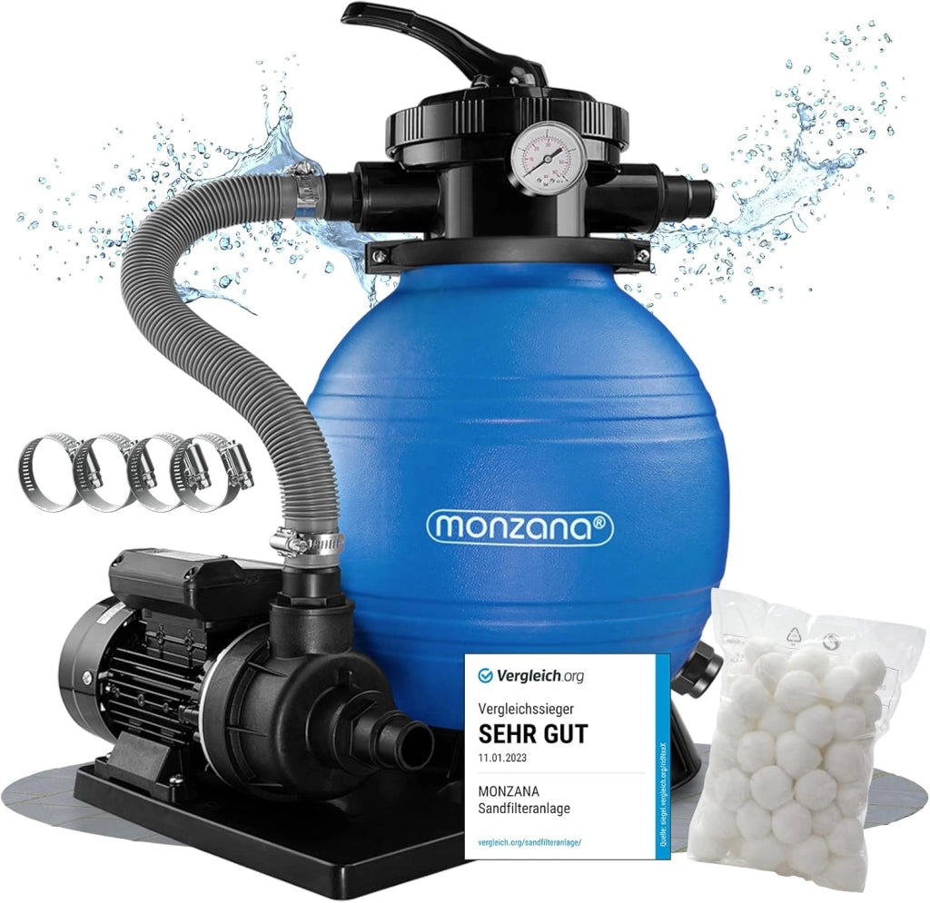 ® Pompa Filtro Piscina a 7 Vie 9.600 L/h Serbatoio 25 L Pompaggio a Sabbia Prefiltro
