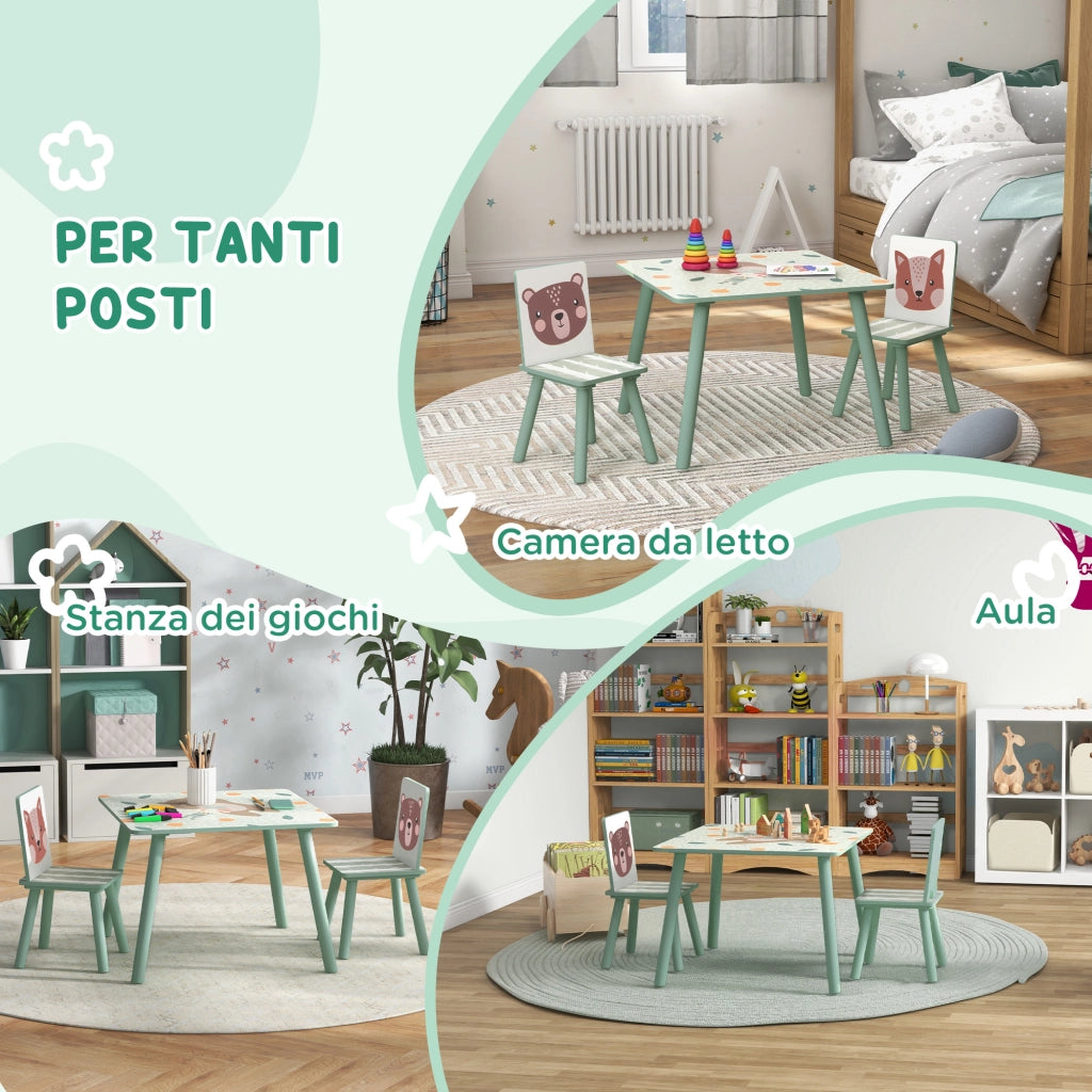 EasyComfort Set Tavolo e Sedie 3 Pezzi per Bambini 3-8 Anni in MDF e Legno di Pino, Verde
