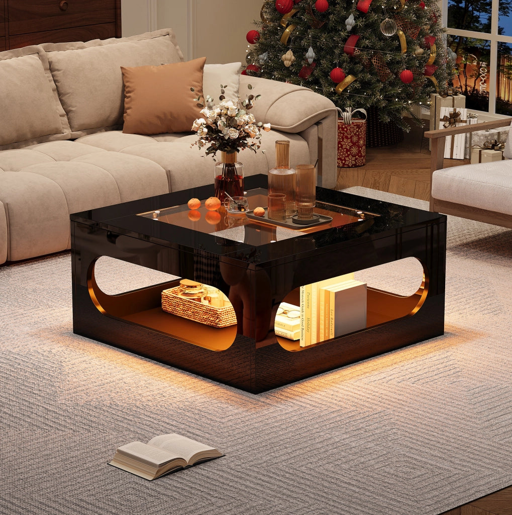 Tavolino da salotto quadrato 70 x 70 x 35 cm con LED controllato da app; vetro temperato; nero