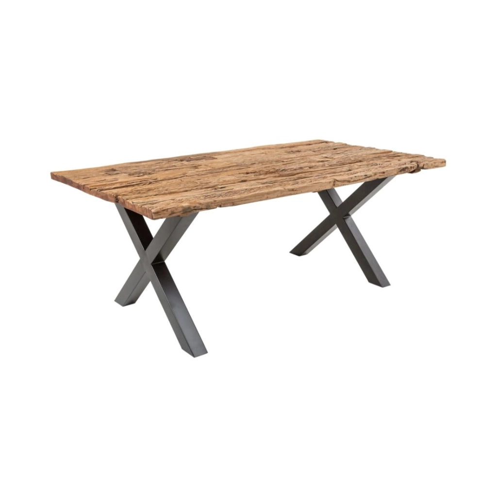Tavolo da pranzo RAFTA 180 cm - Piano in legno massiccio di teak - Gambe a X in metallo nero
