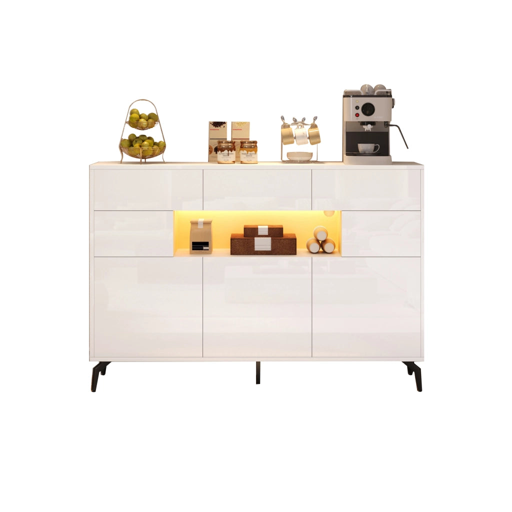 Credenza e madia con LED e 3 cassetti, 5 vani e vano aperto, per soggiorno, bianco, 140 × 30 × 82 cm