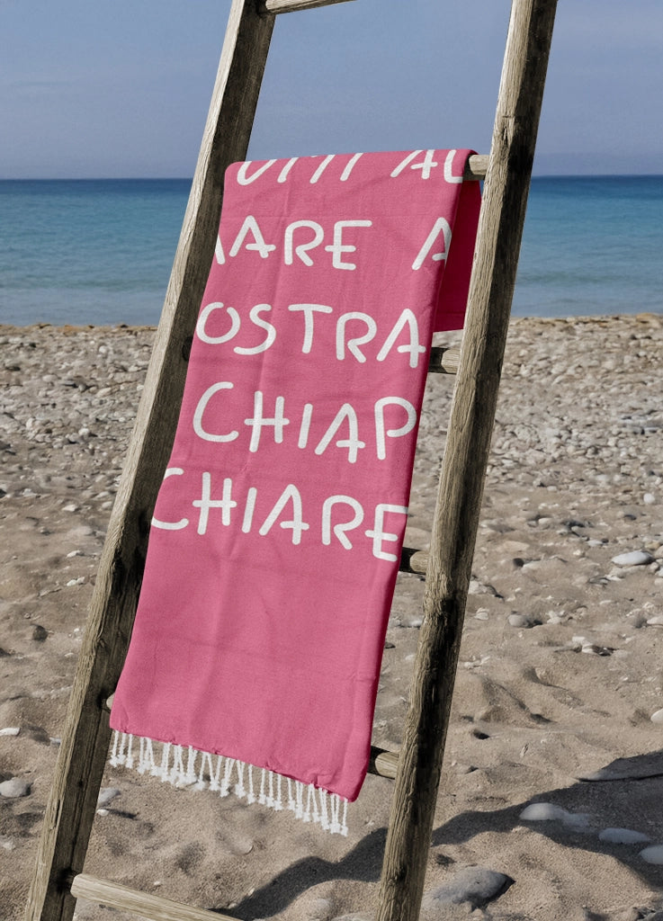 Telo Mare Con Frange Asciugamano Da Spiaggia Misura Grande 90x180 Cm Con Pochette Astuccio Assorbente In Morbido Cotone Leggero Stampa Tutti Al Mare AntiSabbia Lettino Vacanze Piscina Fuxia