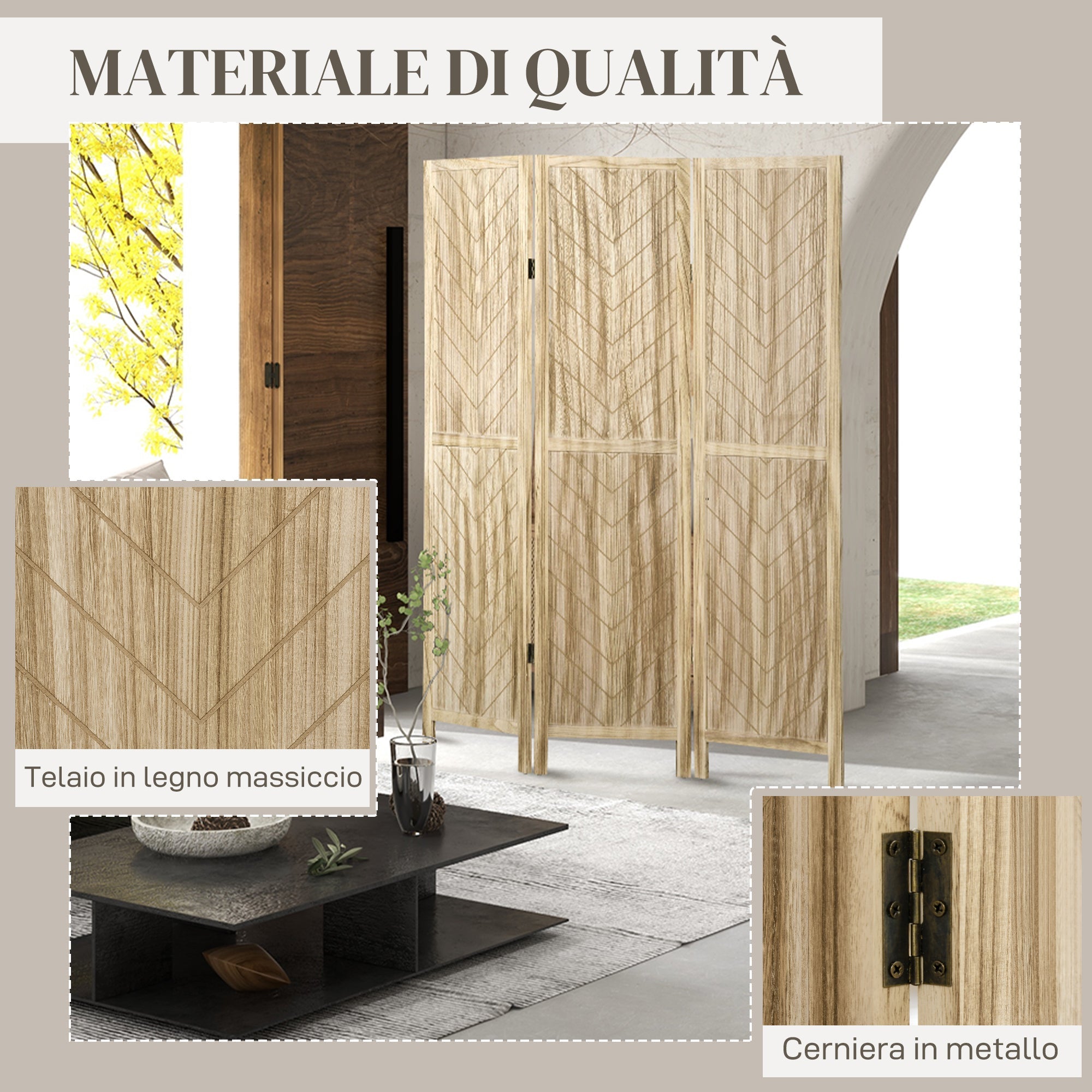 Paravento Separè da Interno 3 Pannelli 120x1,6x170 cm design a spina di pesce Legno Naturale