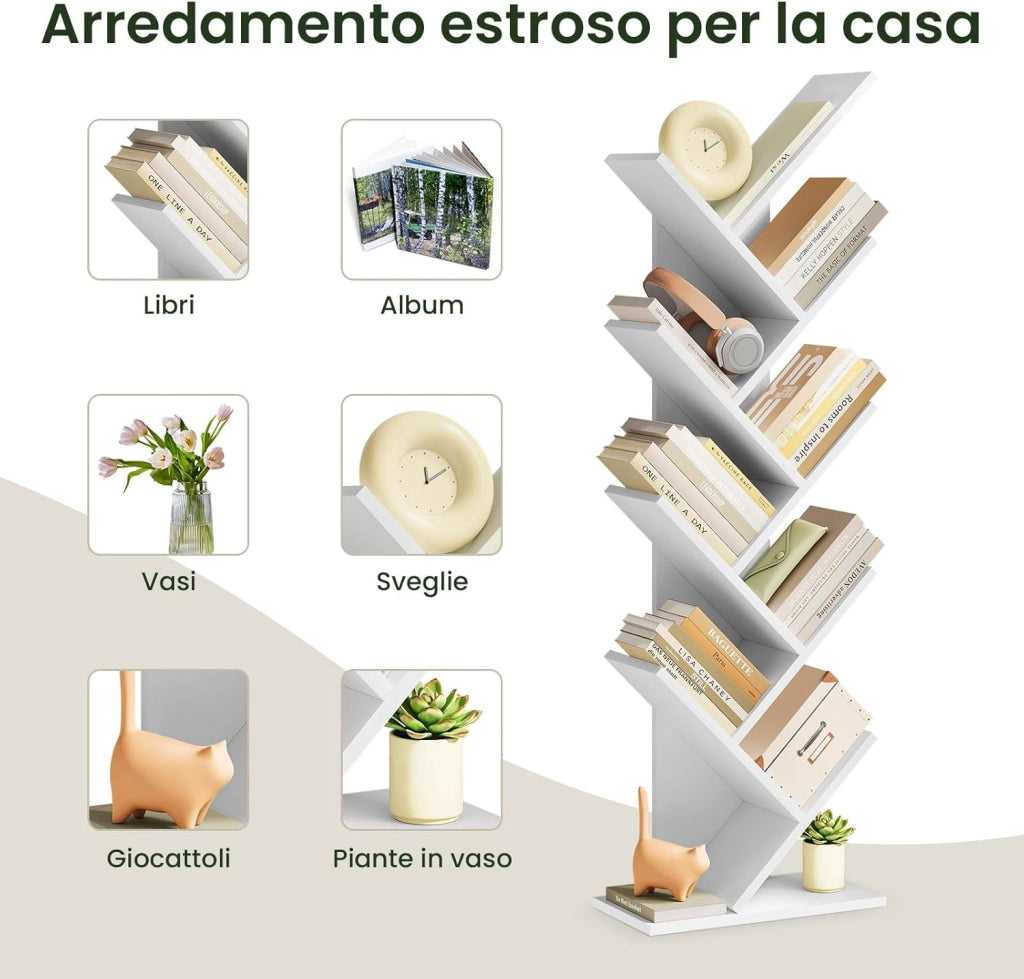Libreria ad Albero Moderna Scaffale Salvaspazio a 9 Ripiani in Legno Porta Libri per Soggiorno Camera Studio Bianco, 40x20x127cm