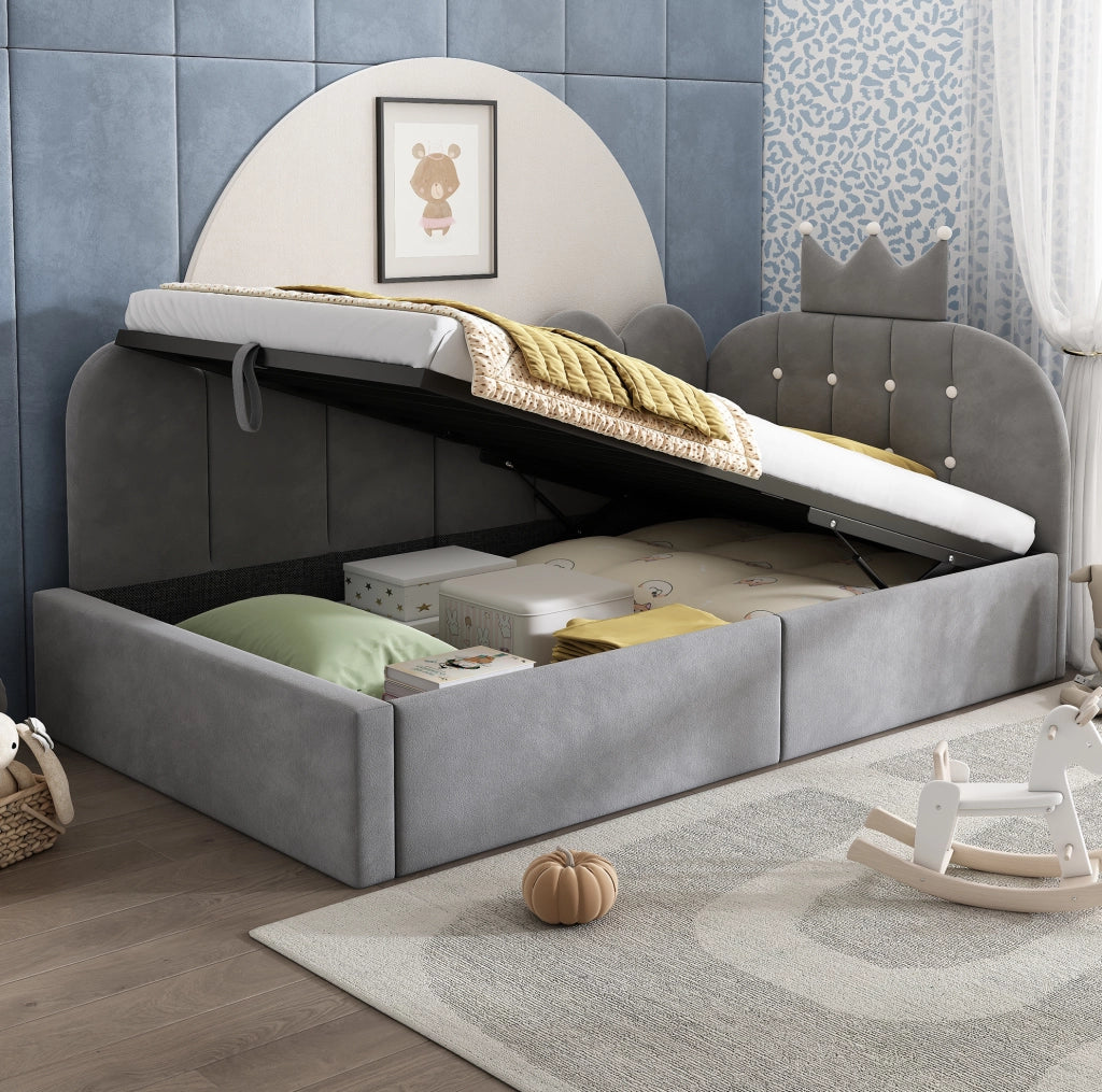 Letto singolo imbottito 90x200 cm con contenitore idraulico grigio