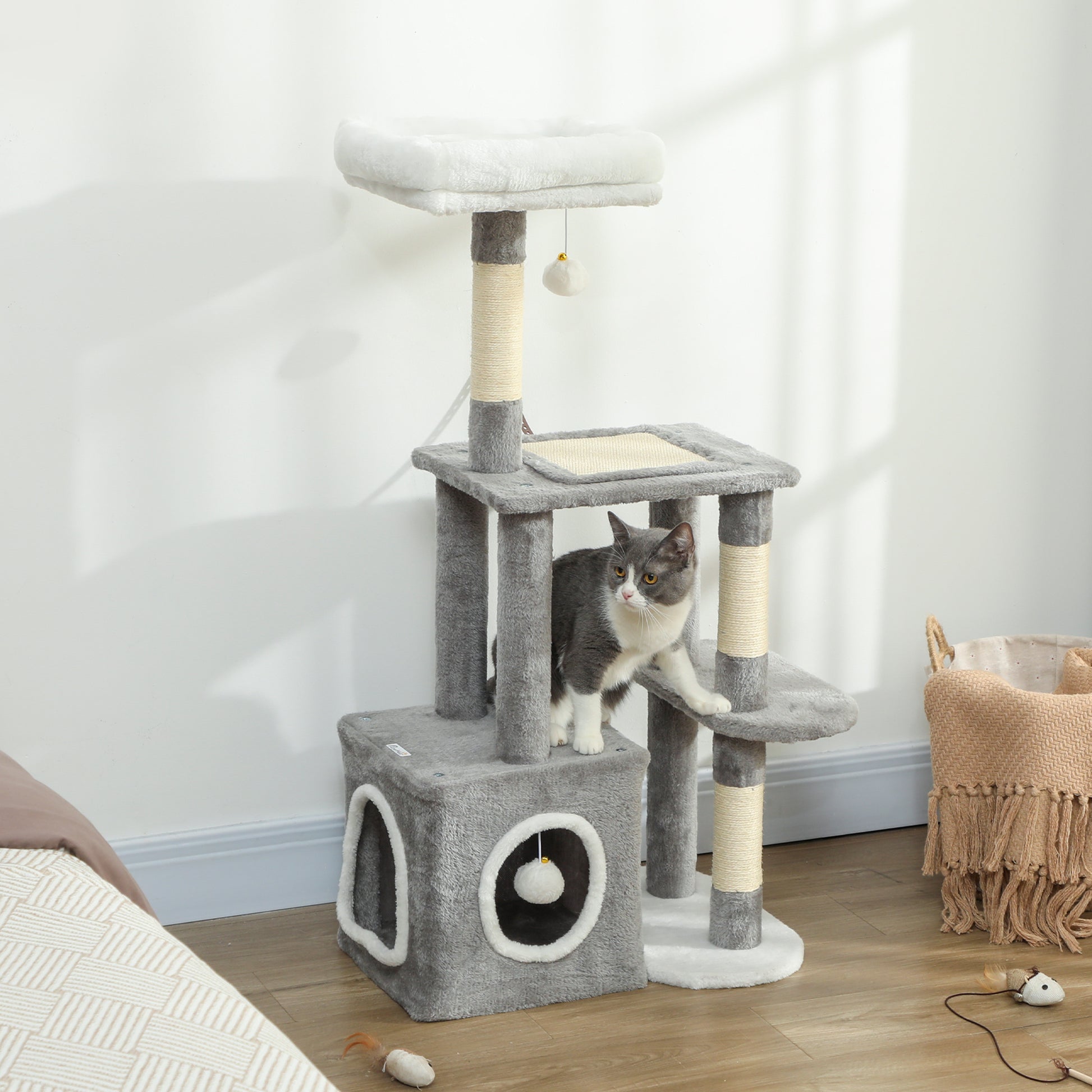 Albero Tiragraffi per Gatti con Casetta e 2 Palline 55x40x107cm Grigio e Bianco