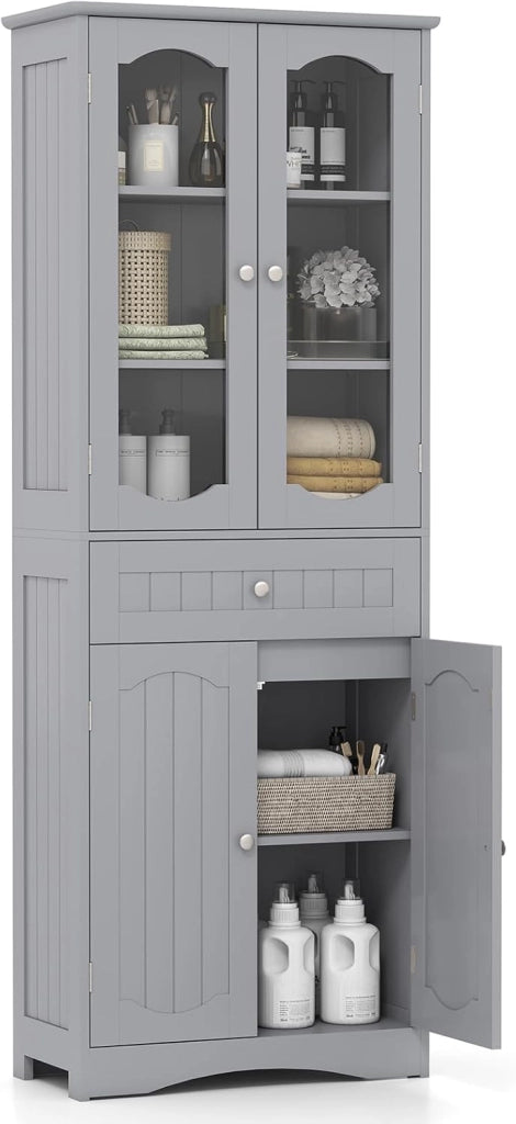Armadietto Salvaspazio 60 x 30 x 160cm, Mobile Bagno con 2 Ripiani Regolabili, Cassetto e 2 Porte in Vetro Temprato, Armadio da Bagno per Ufficio, Soggiorno e Camera da Letto, Bianco (Nero)