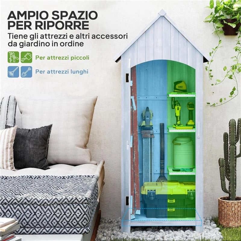 CASETTA PORTA ATTREZZI IN LEGNO A 3 MENSOLE CON TETTO IMPERMEABILE IN BITUME, 77.5X54.2X179.5 CM, BIANCO