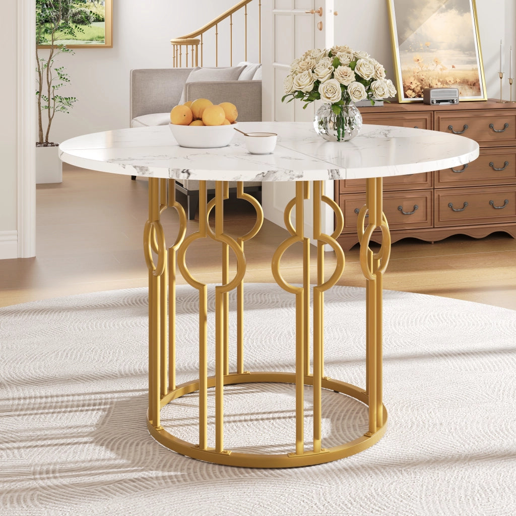 Tavolo da pranzo rotondo con piano in MDF e gambe in ferro, piedini regolabili, per cucina e soggiorno, bianco dorato, 100 × 100 × 76 cm