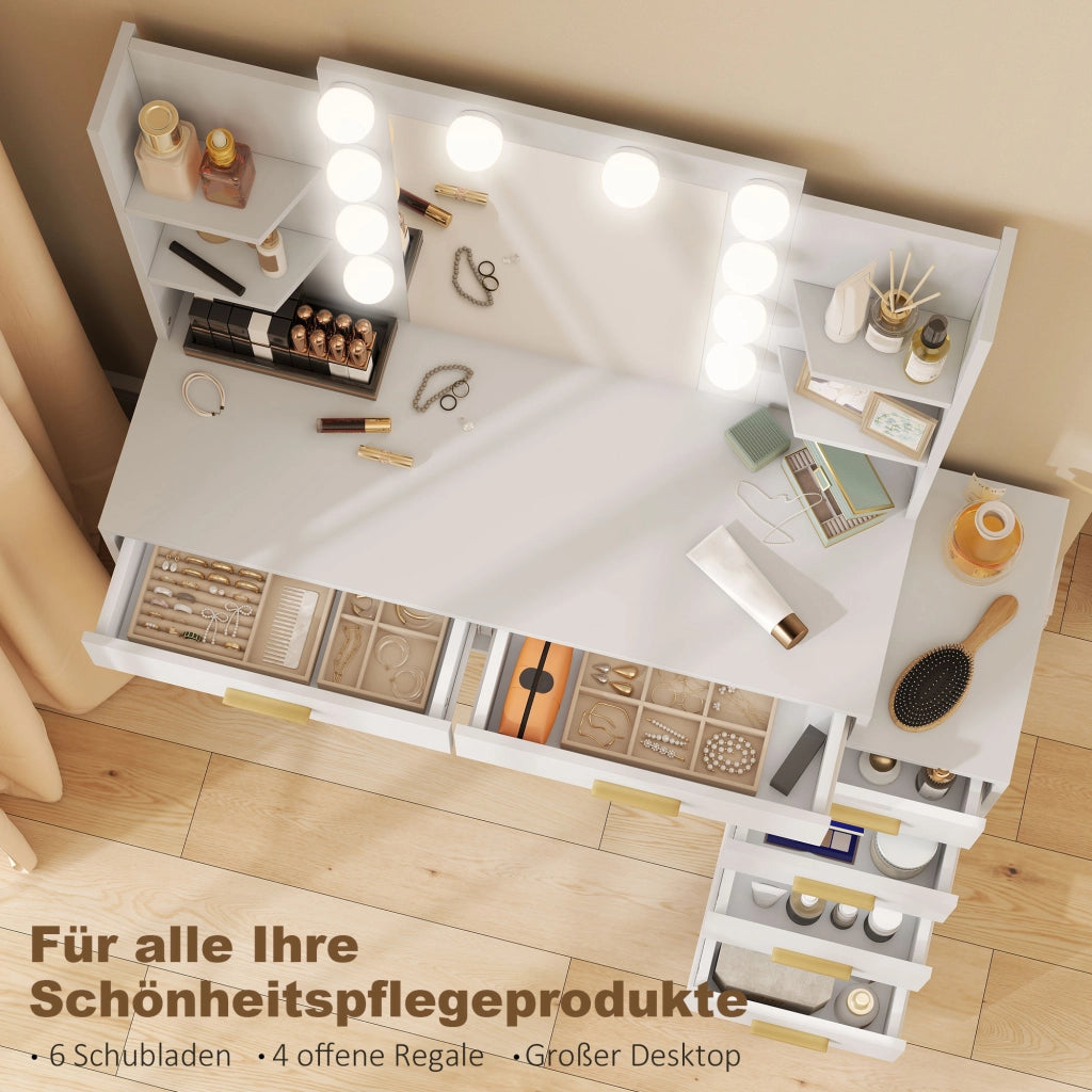 Cassettiera per trucco con specchio illuminato e sgabello imbottito ¨C zephmum ¨C bianco