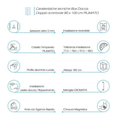 Box doccia 80x100 angolare doppio scorrevole con vetro temperato opaco e profili cromo Geo