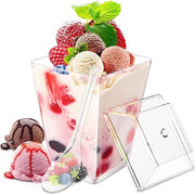Set di tazze da dessert, 30 pezzi con coperchi e cucchiai, 150 ml, tazze da dessert reutilizzabili, bicchieri da dessert trasparenti.