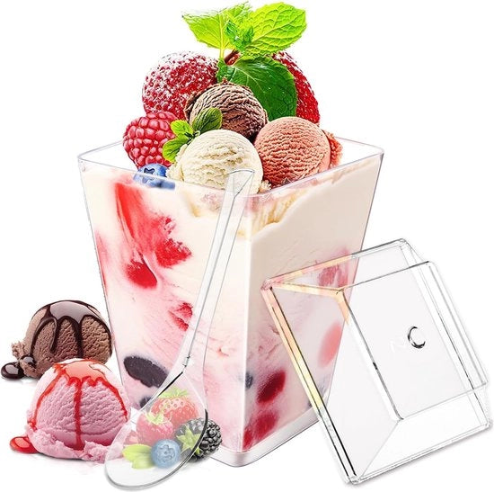 Set di tazze da dessert, 30 pezzi con coperchi e cucchiai, 150 ml, tazze da dessert reutilizzabili, bicchieri da dessert trasparenti.