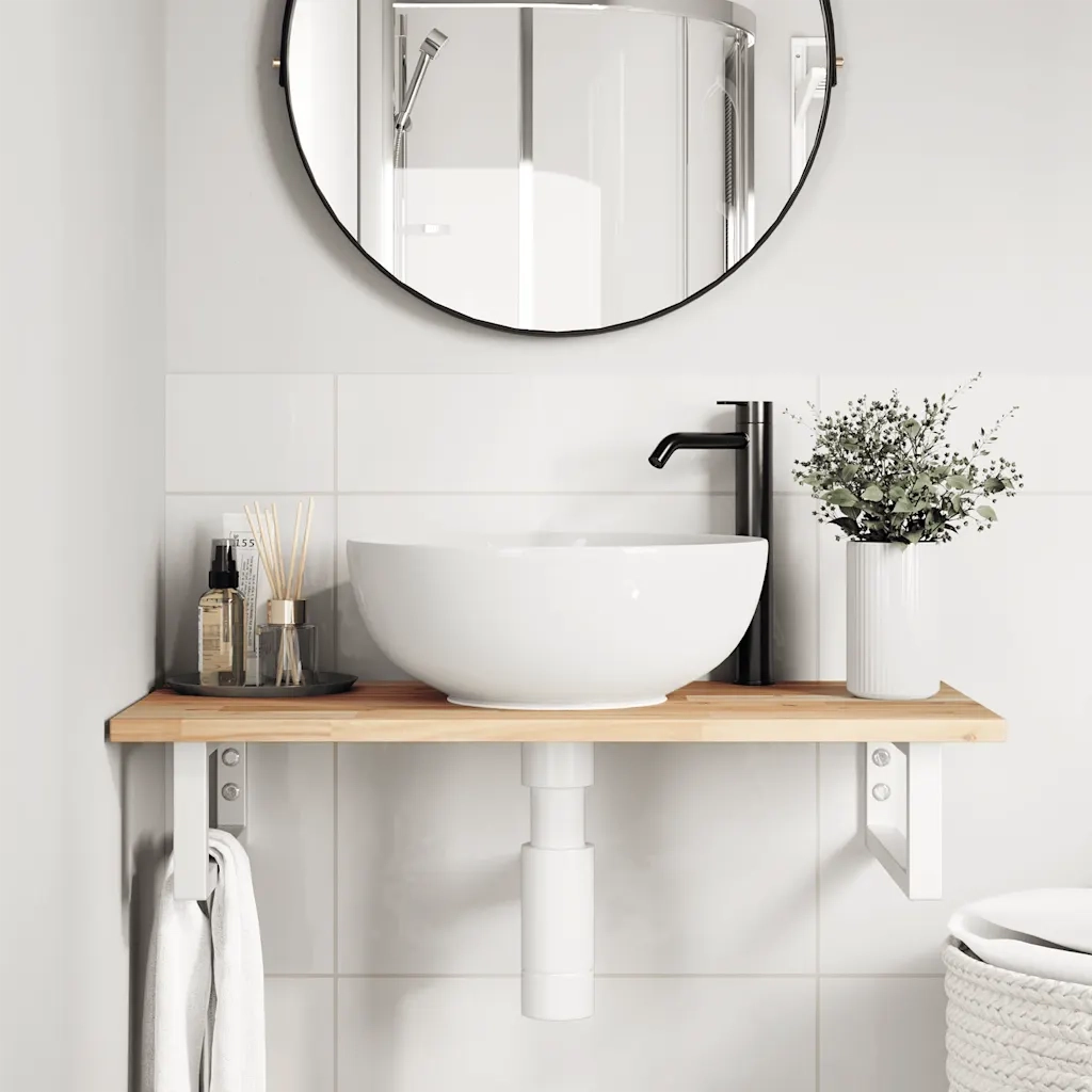 Ripiano a Parete per Lavabo in Acciaio e Massello di Acacia