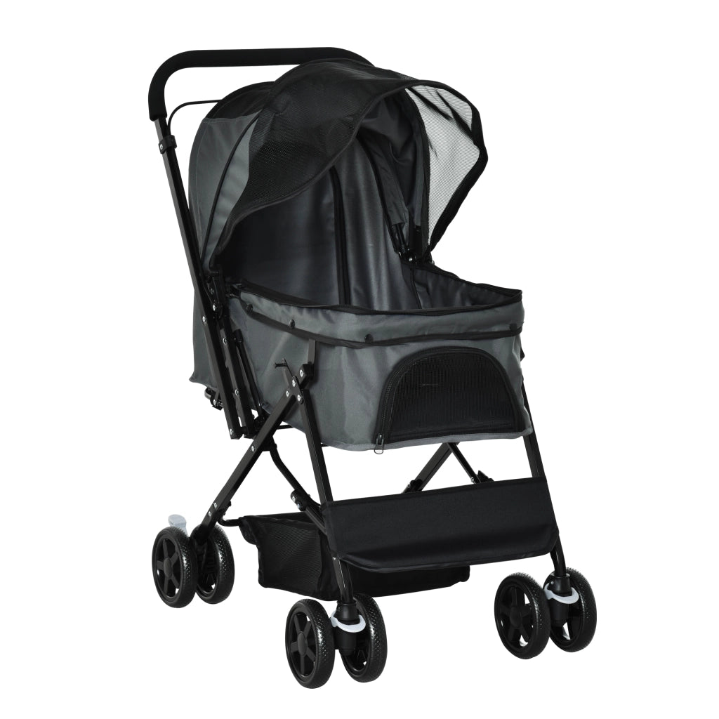Carrello pieghevole per piccoli cani e gatti con cestino, finestre in rete e ruote girevoli in poliestere grigio scuro