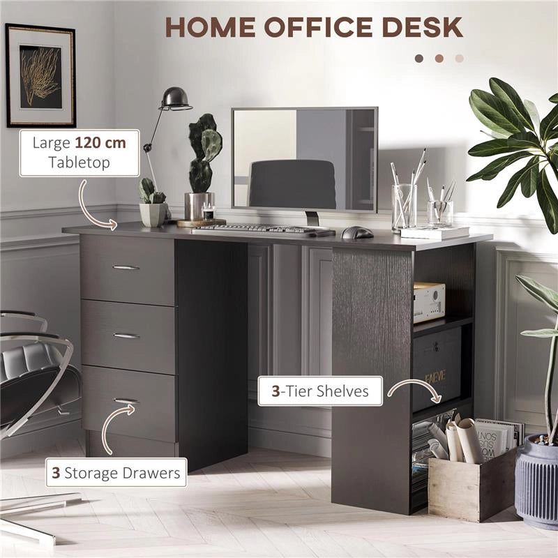 SCRIVANIA PC CON 3 RIPIANI E 3 CASSETTI PER CAMERA E UFFICIO, IN LEGNO MDF, 120X49X72 CM, NERA