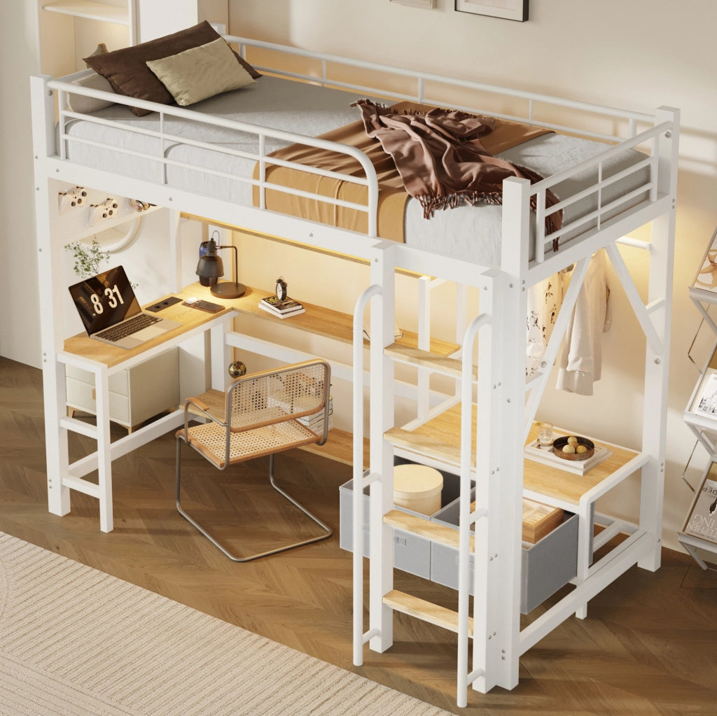 Letto a soppalco 90x200 cm con scrivania; ripiani; cassetti in tessuto; LED e USB; bianco