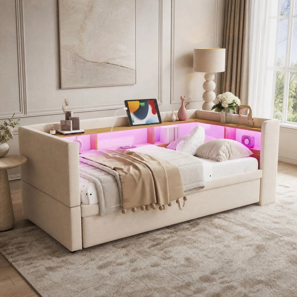 Divano letto imbottito multifunzione con vani contenitore, LED, prese e struttura in metallo, beige, 90/180 x 190 cm