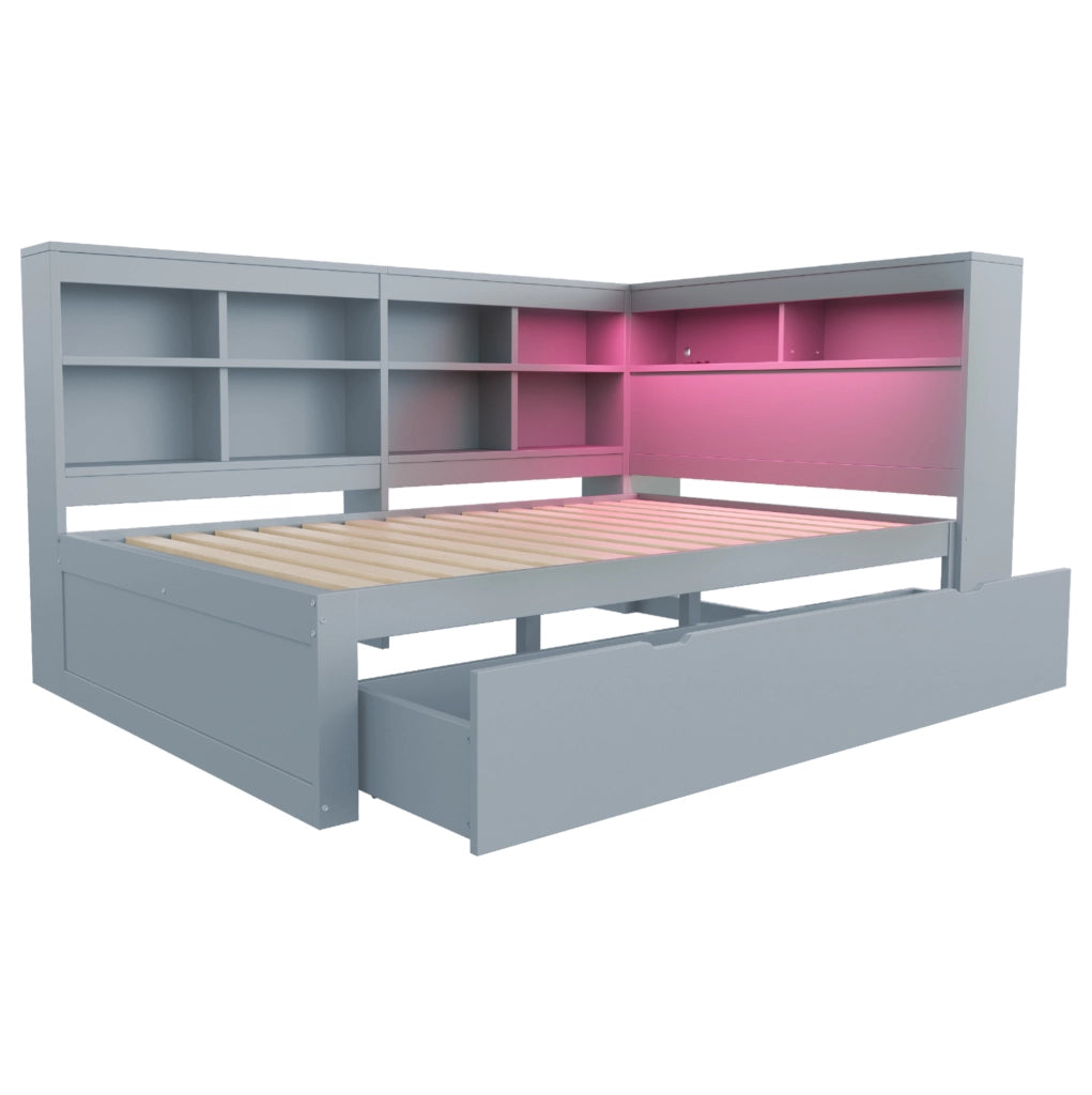 Letto matrimoniale multifunzionale 140x200 cm in legno con USB; LED e vani contenitore; grigio