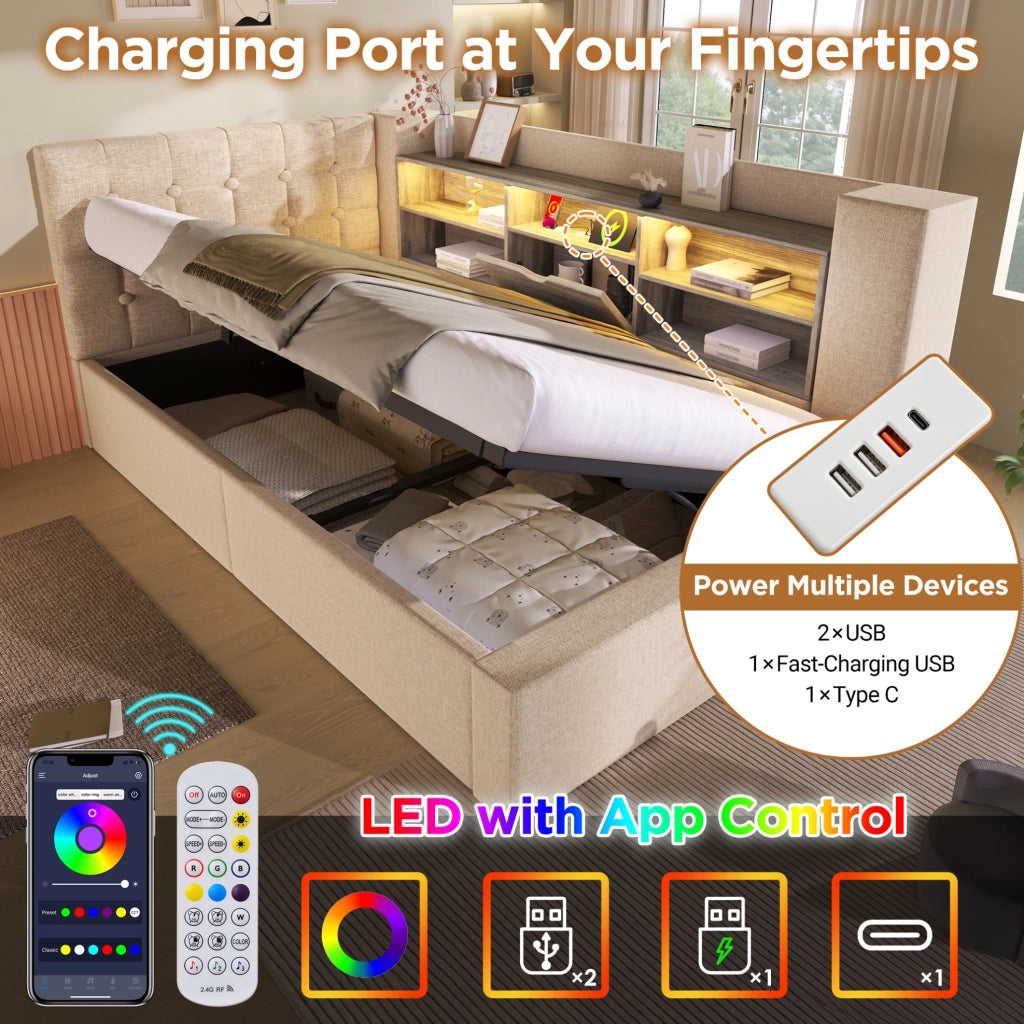 Letto imbottito ULEVR 90x200 cm con contenitore idraulico, LED e ricarica USB/USB-C, beige
